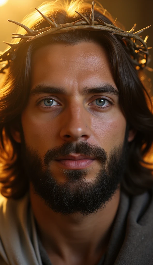 A man of intense and striking beauty , with harmonious and detailed features , has long hair, slightly wavy, and a well-groomed beard, both in a dark shade . Over your head, } a delicate crown of thorns contrasts with her serene expression and noble . Your blue eyes, deep and bright, transmit peace and wisdom , fixed on the observer with a soft and welcoming intensity . A golden light envelops the face , accentuating every detail of the skin and fabrics with an impressive sharpness, creating a radiant and divine aura . The image is in high resolution , perfectly capturing the beauty and spirituality of the face , resulting in a scene of great visual impact and serenity .