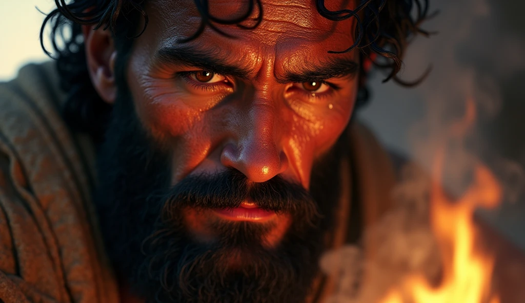 Close-up of Cain's face watching the smoke of the offerings, ultra realistic detail of his changing expression , thick black beard , drops of sweat on the forehead, eyes reflecting the fire of the altar . Ancient Hebrew clothing , evening light. 8K, ((man)), (( hyperrealistic))