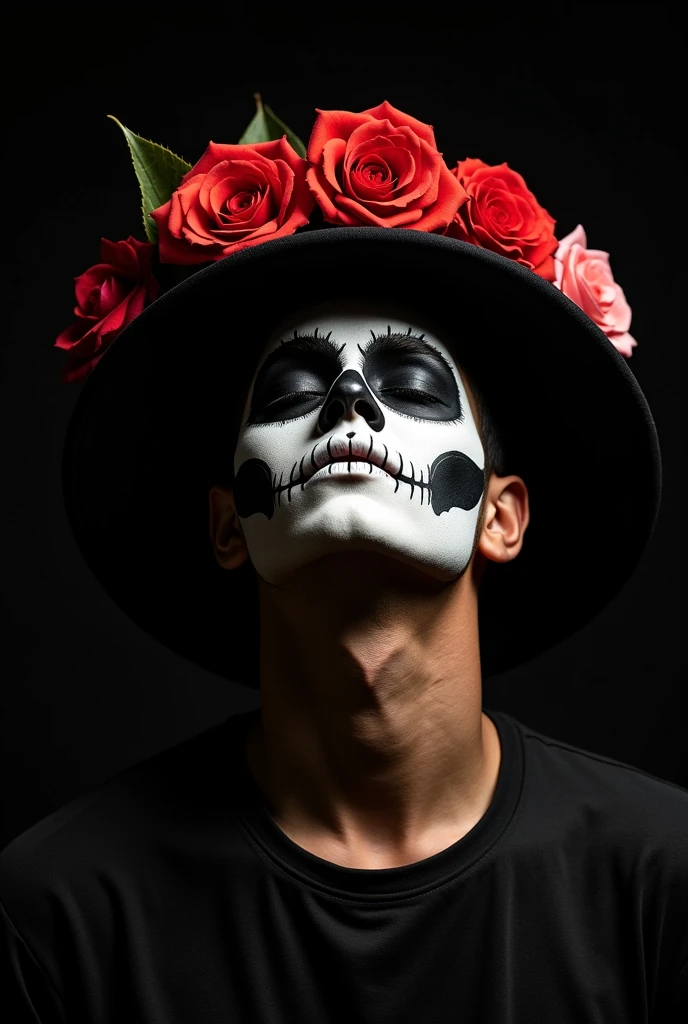I like the , But I want him to be a man and for the background to be black dressed as Catrin as Day of the Dead, wearing a hat and focusing more on the face from the front, Without flowers looking up at my face with my eyes closed, But let it be a man with a black background, El Catrin from the front and looking up