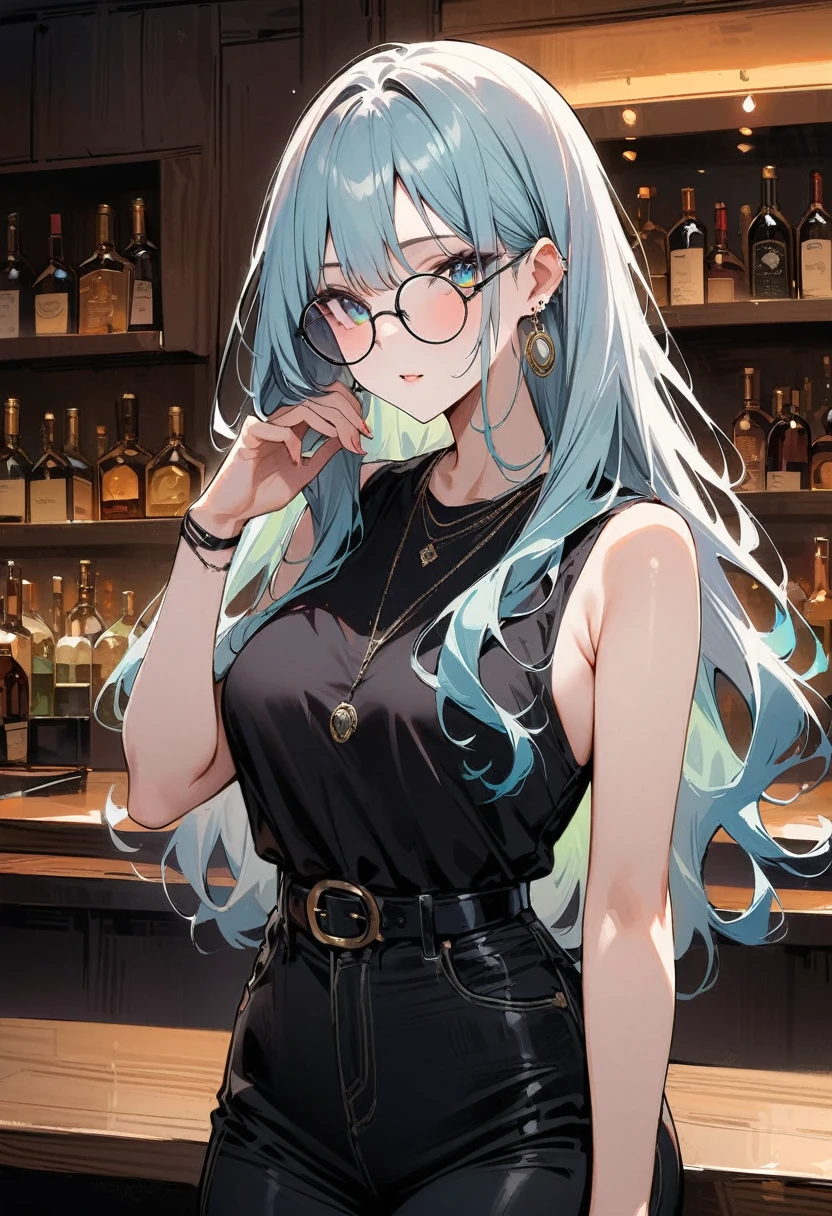 (masterpiece, Best Quality:1.2), 1 26-year-old woman ,  earrings for a woman alone、 golden hair ：some black 、 center separation、 straight long hair、 braided 、 pale green eyes、 round sunglasses 、 black sleeveless 、The chest is transparent、 Silver Necklaces 、club、 bar counter、High image quality