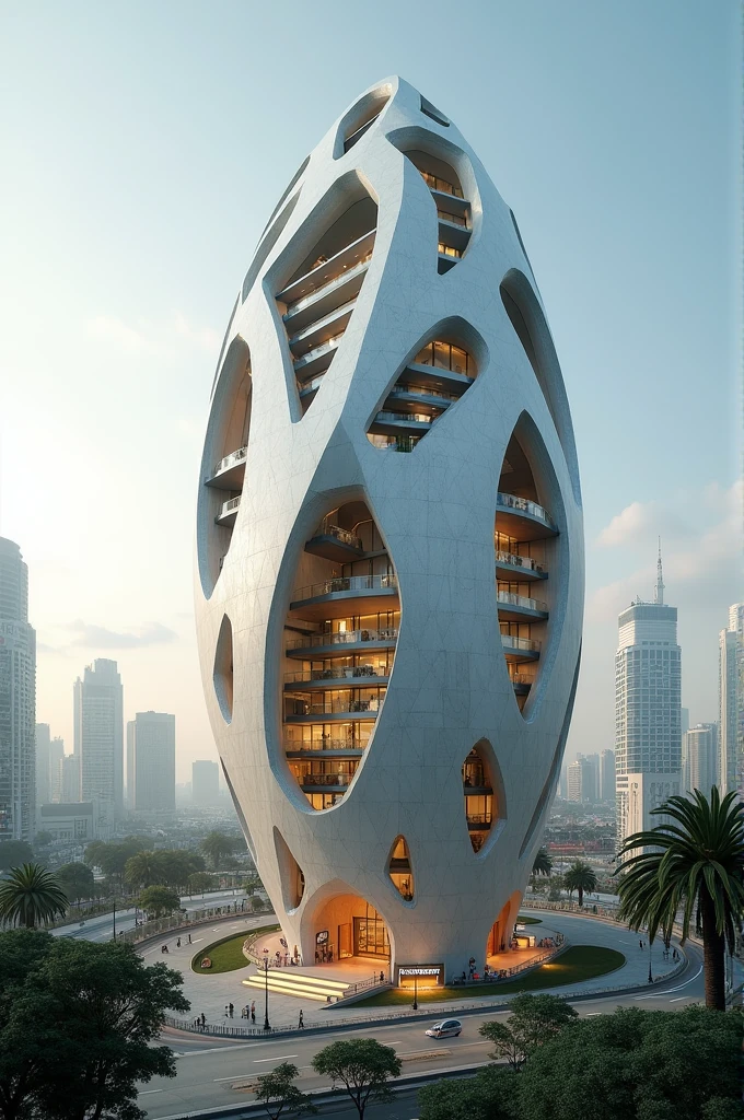 Construction of a geometric hotel in the shape of a coconut in the city