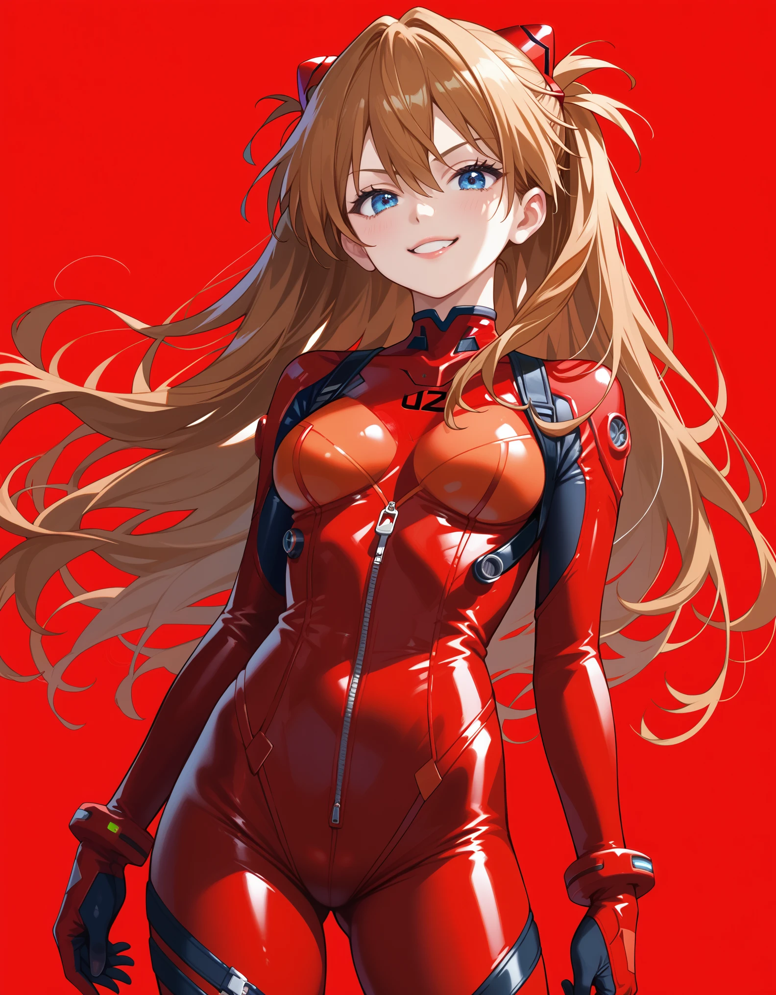 score_9, score_8_up, score_7_up, 1girl, asuka langley soryu, brown hair, long hair, bangs, blue eyes, hair ornament, red zipped bodysuit, bodysuit, plugsuit, interface headset, smug, simple background, red background, cowboy shot