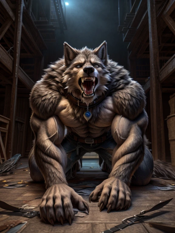 ((  best quality)), (( masterpiece )), ((4K)) (((  alone))), Werewolf，Gray Wolf,  perfect face   ，(((pain))), (((facial pain)))，((( drastic changes ，Focused expression)))， alone，Masculine charm ，Endocrine ， delicate eyes ，（Exquisite wolf eyes） ， palms into claws ，Recurve legs ，( MUSCLE )，(Broad bust )，(belt，collar)， howling then looking up ,(  detailed torso  )，((( Toe line  ))),( Lie on the ground with all fours )，Mid-term transformation，basement，介于人类和Werewolf之间，( Chest enlargement  , hip bulge)，(((two pictures)))，Transformation process ，Drooling，There is torn cloth all over the floor