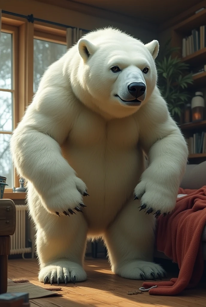 3D render, male, solo, polar bear, werebear, full body, beefy, Muscle, Delicate face, Delicate eyes, realistic, masterpiece, highest quality, lens flare, unreal engine, trending on ArtStation, Intricate, High Detail, dramatic, realism, erection, thick cock, realistic, sitting, bara, muscle, furry, night, bed, looking_at_viewer, ultra detailed eyes, ultra detailed body, ultra detailed face, ultra detailed cock, ultra detailed balls, bright room, suggestive pose, expressive, masculine, erotic, devilish smirk) 8k HD, hdr, masterpiece, full body, ultra detailed eyes, icy blue eyes, white fur, white body, knot, musclegut, (by jumperbear,