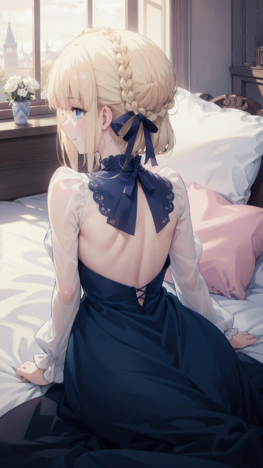 NSFW,(pale illustration,anime illustrations:1.2),(masterpiece, highest quality, so beautiful, Super detailed),textured skin, high details,8k,gleaming skin,pale outline
(hachimiya meguru, idolmaster:1.2),gold hair,
1 girl,(black Thighhighs:1.3),middle breasts,shorty,happy smile,
backless dress,standing,
from front,white and clean bedroom