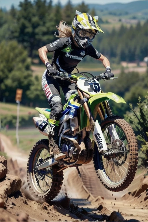 Yamaha WR250, The Racer Girl, best quality, Ultra Wide Angle, Brown Skin ,  brown skin that supports each other , Full of mud, wearing motocross boots, Motocross Championship , muddy , abs,Jump over a hill 