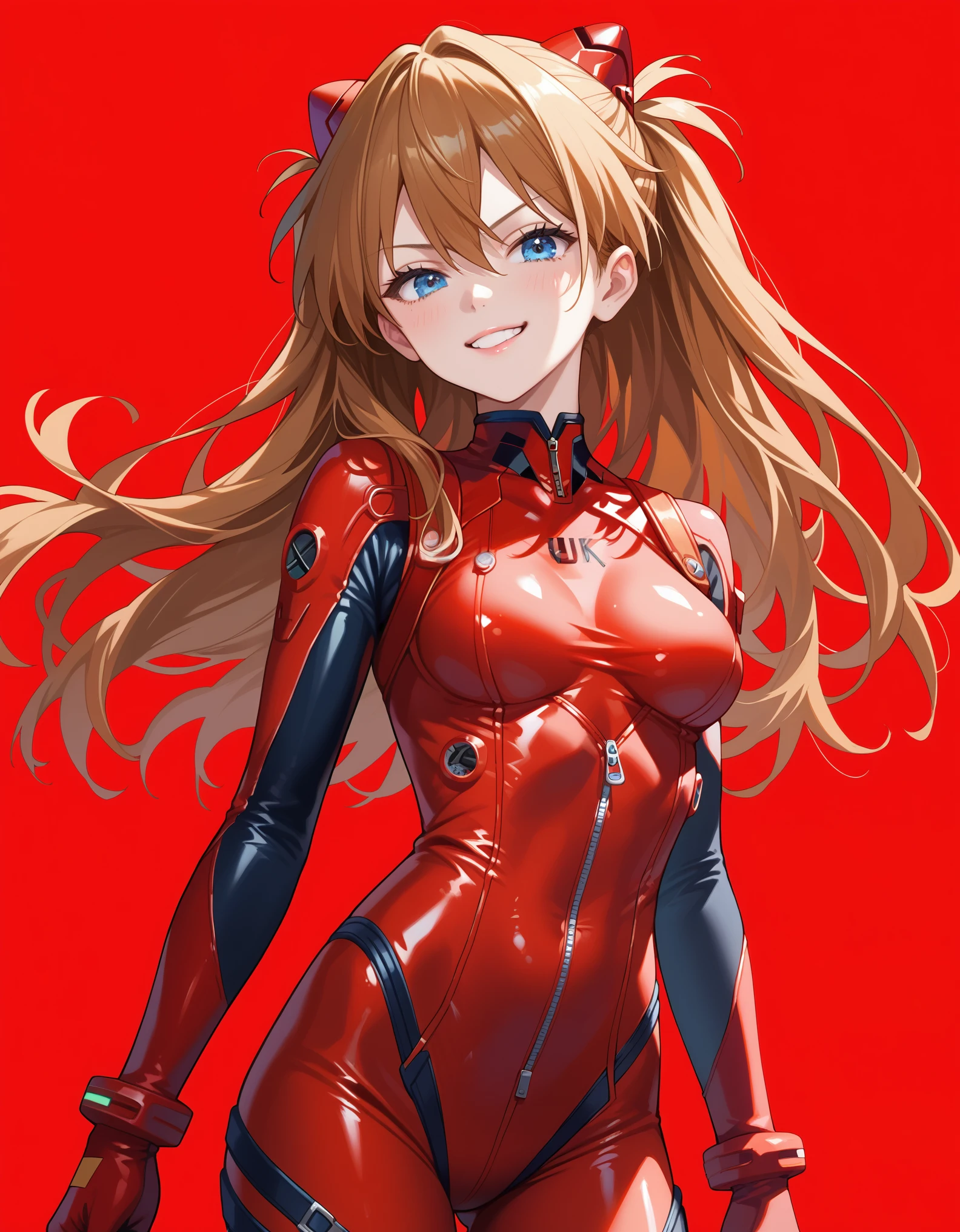 score_9, score_8_up, score_7_up, 1girl, asuka langley soryu, brown hair, long hair, bangs, blue eyes, hair ornament, red zipped bodysuit, bodysuit, plugsuit, interface headset, smug, simple background, red background, cowboy shot