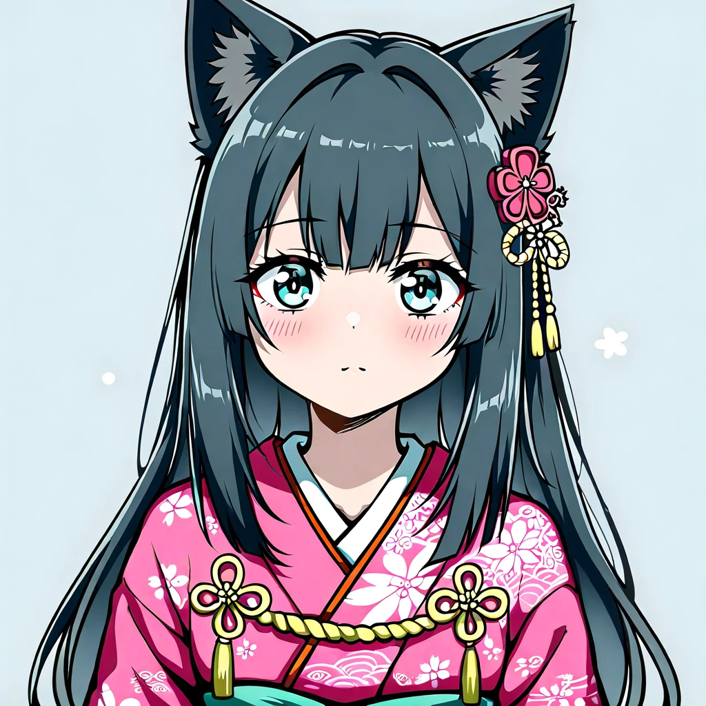 High image quality、 high quality、Genkamikaze
 in kimono、Black Hair、Animal ears、 long hair

