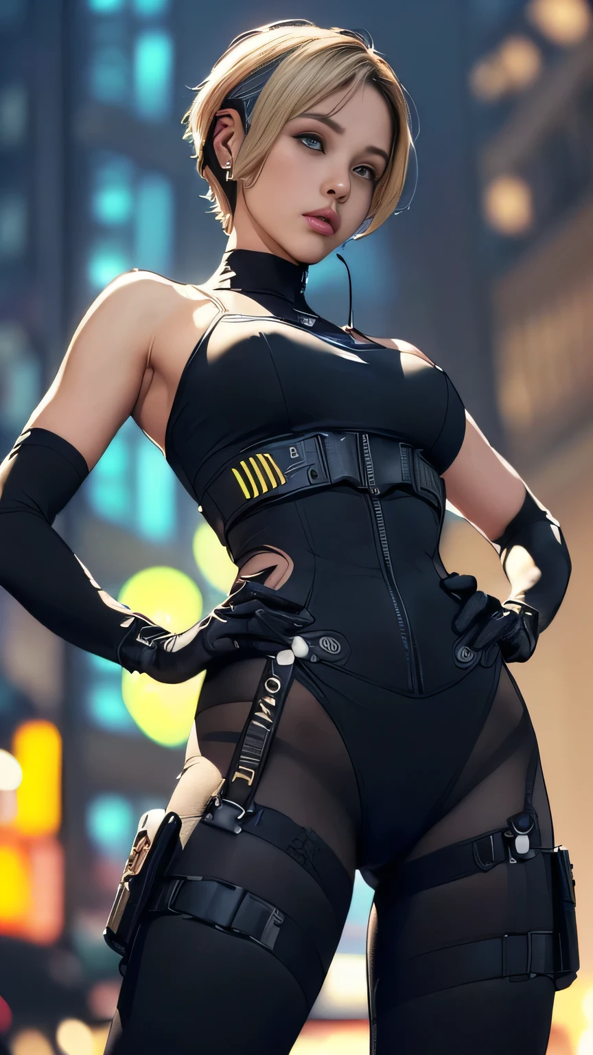 (A woman),(((Future female police officer standing))),((Black Tactical Tights:1.5)),((Camel toe:1.5)),((earphone:1.5)),((Tactical Holster:1.5)),(Gloves:1.5),(((Hands on hips:1.5))),(front:1.5),(From below:1.2),(Super short hair:1.5),(bionde:1.5),(beautiful eyes:1.3),(Very detailedな顔:1.5),((Very detailed drawing of a female hand:1.5)),((muscular:1.5)),(Sexy look:1.5),((Thick thighs:1.5)),(Beautiful Body:1.5),((Very sensual:1.5)),(The backdrop is a futuristic city:1.5),(Cyberpunk atmosphere:1.5),(((Blurred background:1.5))),(Written border depth:1.5),rest(((masterpiece:1.5),(best quality:1.5),(Very detailed:1.5),(high resolution:1.5),(Practical:1.5),(Practical:1.5),(Delicate depiction),(carefully drawn))),8k,wallpaper