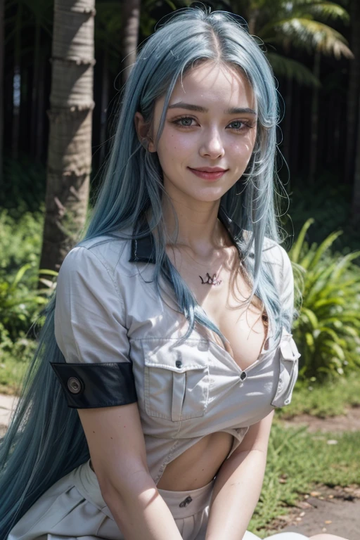 ( extremely detailed CG unity 4k wallpaper),(masterpiece),( Best quality ),(ultra-detallado),( best illustration),( better shade),( absurdres),( detailed background), Death, 1 girl, breasts, long hair,( blue hair:1.5)Blue eyes, neckline, large breasts,  very long hair , uniform, military, Naturaleza, military uniform,  short white skirt , forest, tattoo, smile,  mature woman 