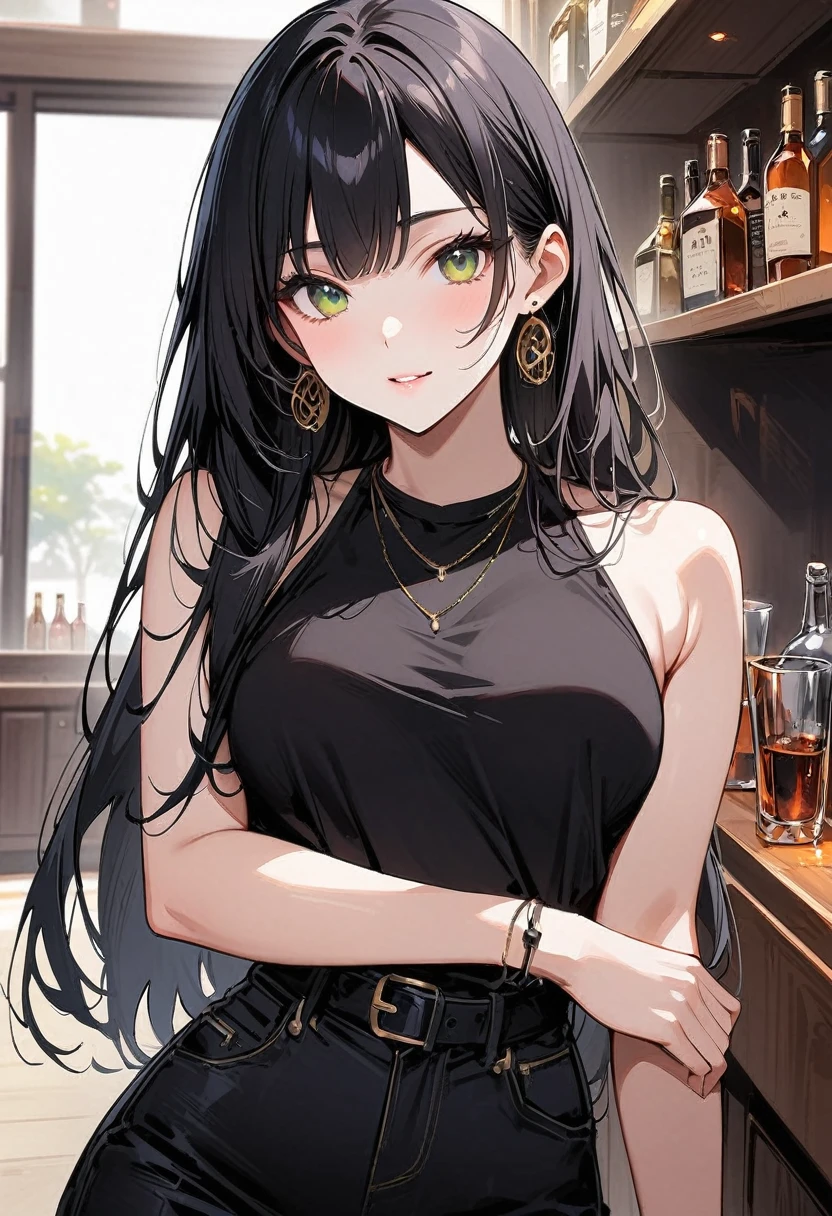 (masterpiece, Best Quality:1.2), 1 26-year-old woman ,  earrings for a woman alone、(((Golden and black hair)))、 bangs center division、 straight long hair、 braided 、 pale green eyes、 round sunglasses 、 black sleeveless 、The chest is transparent、 Silver Necklaces 、club、 bar counter、High image quality