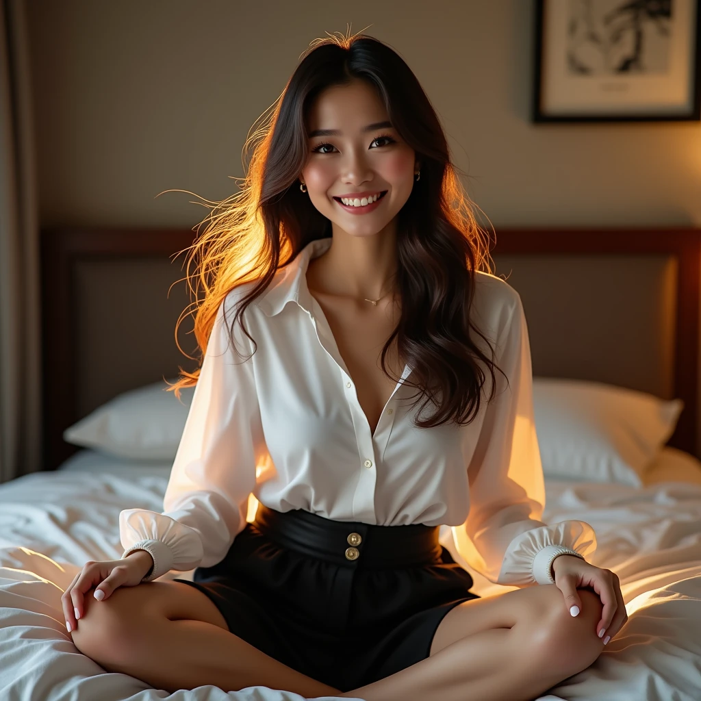 A young, 24 years old, Malaysian Chinese+Indian Mix Woman, Slender, Light brown hair, wearing nothing but a big oversized t-shirt, no bra, no underwear, posing in a large bedroom with a huge window, overseeing the city landscape, subtle smile, front shot, professional photographer, highest quality, professional lighting.