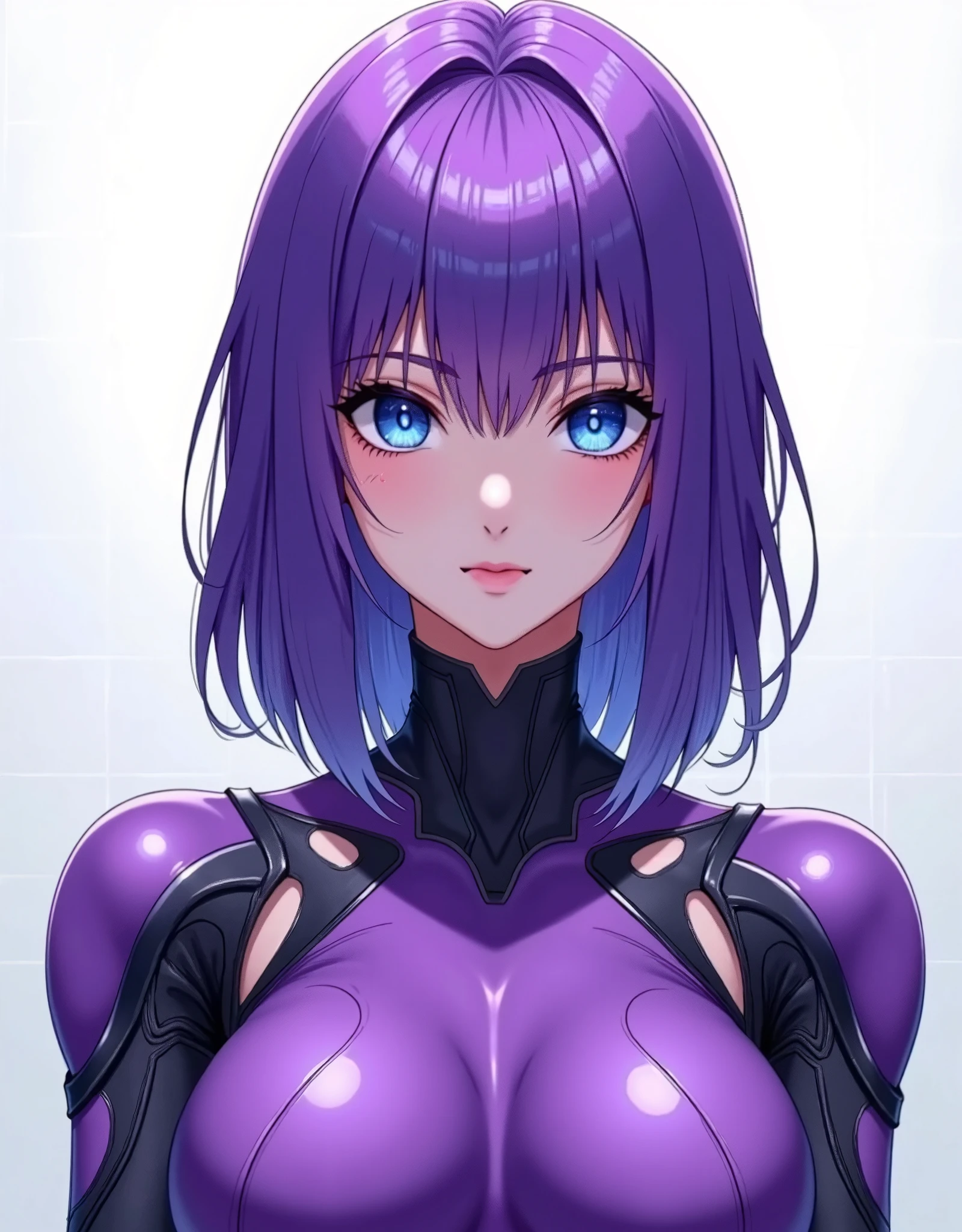 (masterpiece:1.2,Outstanding quality,Mirror finish,  A movie-like experience ,Super detailed),16k, wallpaper,(semi-realistic android woman),( face up :2.0), flat color,( background is white ),( Cyberpunk ),( Anime Artwork), beautiful gradation ,( super sexy ),( in the bathroom at home ),(Purple Hair:2.0),( semi-long:2.0),(purple bodysuit with shiny holes),( is standing),(Dark blue eyes:2.0)
