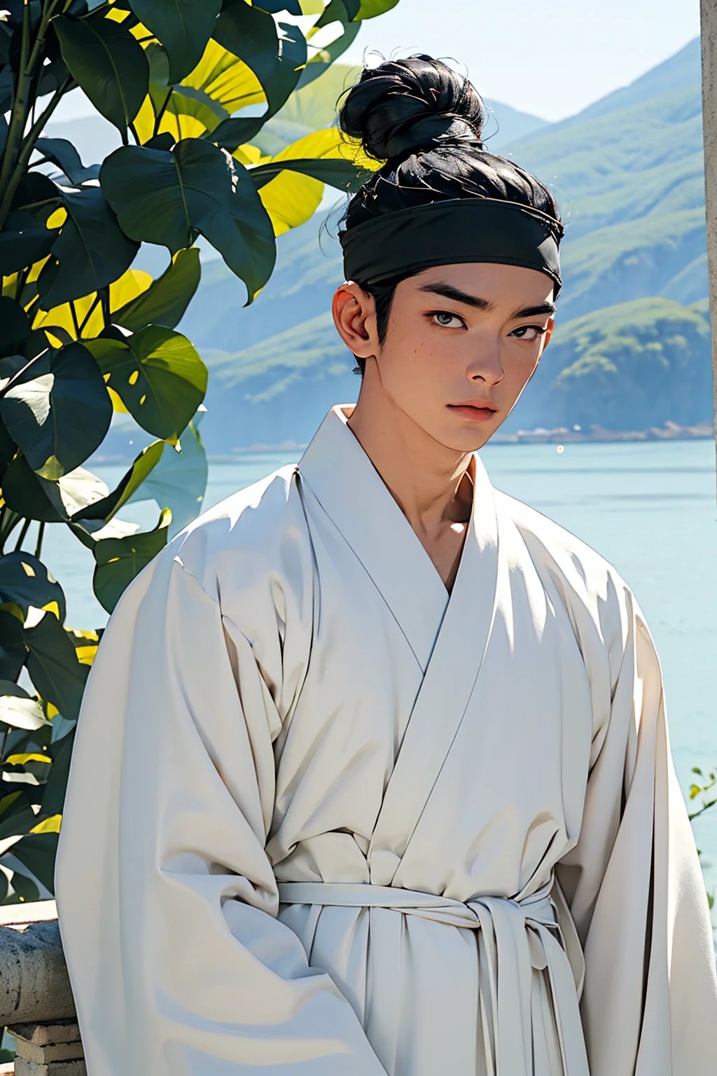 (absurdres, highres, masterpiece, best quality, ultra-realistic,ultra-detailed),(beautiful detailed face and eyes and hair:1.1),handsome,asian man,tall and muscular,broad shoulders,black hair,black eyes,datailed face,topknot,see-through headband,white hanbok,sad,upper body, sea background