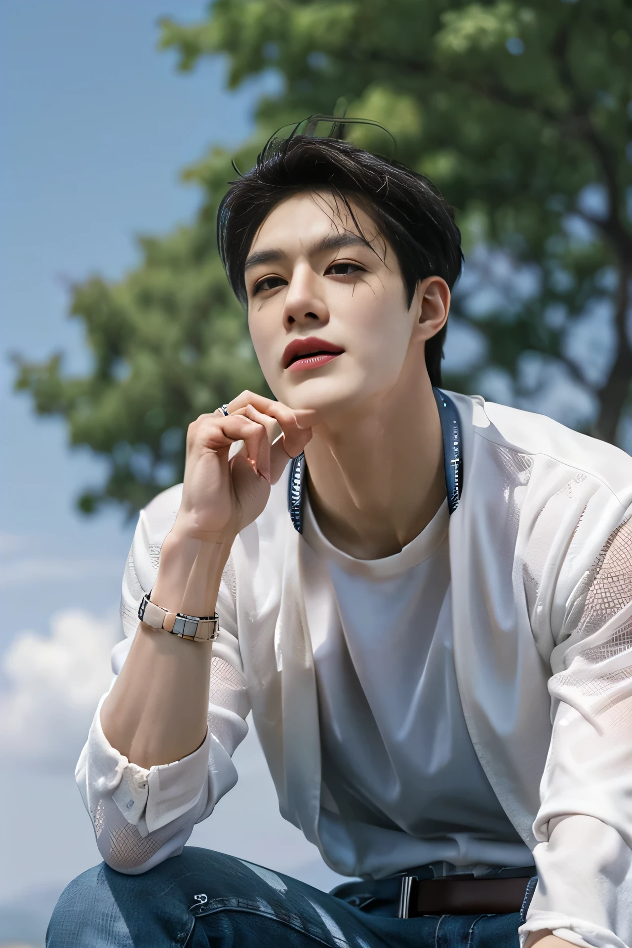 best quality, High quality, High resolution, 4k, Masterpiece, detailed face, South Korea, Handsome young man, athletic, mesh tank top, belt, wristwatch, ripped jean, from below, sky, cloud, outdoor, blurry, blurry background 