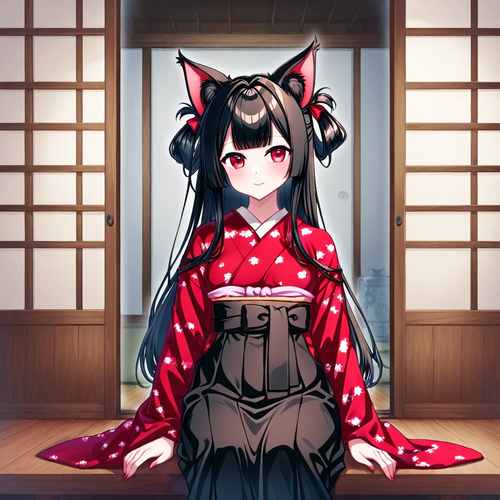 High image quality、 high quality、 Genkamikaze
 in kimono、Black Hair、Animal ears、 long hair、 well-groomed hairstyle、 princess cut、 red clothes、black skirt

Japanese-style room 、Sliding doors

