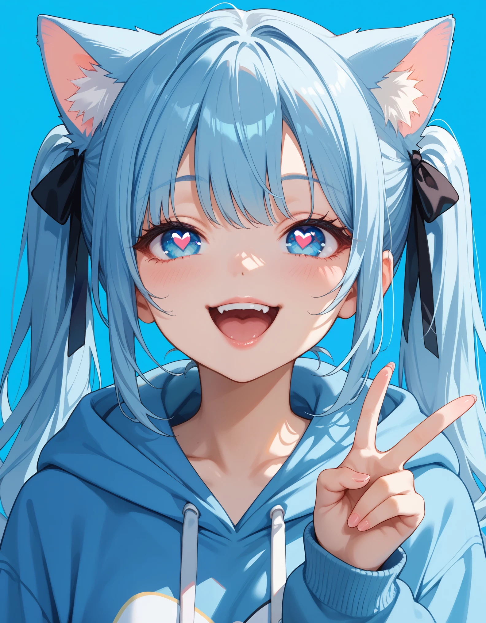 score_9, score_8_up, score_7_up, 1girl, cat girl, cat ears, animal ears, long hair, twintails, light blue hair, blue eyes, hoodie, v sign, heart-shaped pupils, open mouth, happy, smile, close up, simple background, blue background