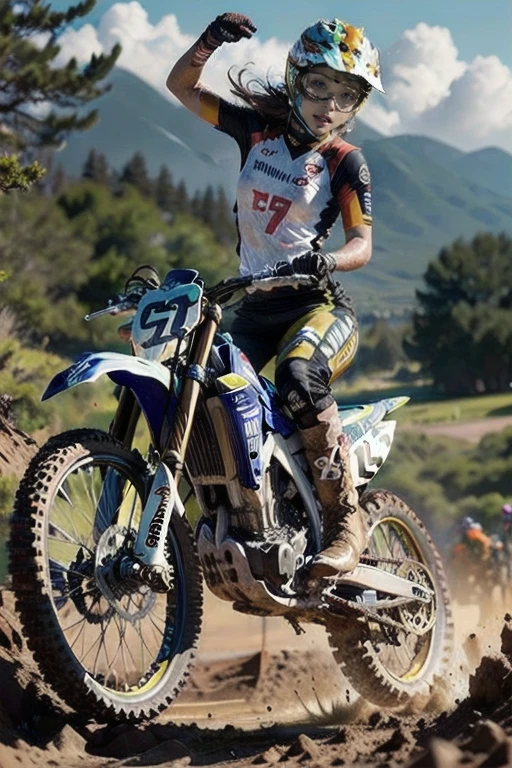 Yamaha WR250, The Racer Girl, best quality, Ultra Wide Angle, Brown Skin ,  brown skin that supports each other , Full of mud, wearing motocross boots, Motocross Championship , muddy , abs,Jump over a hill 