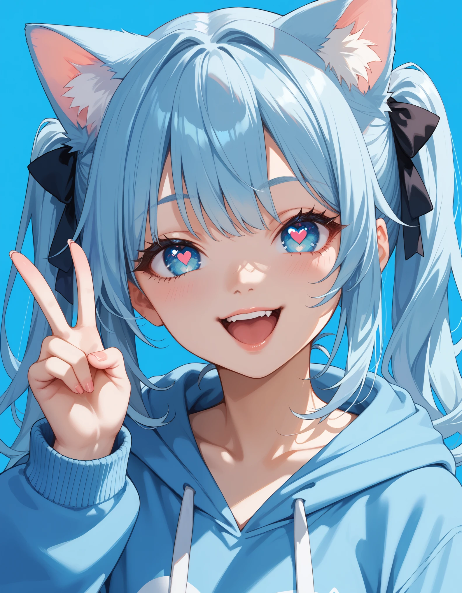 score_9, score_8_up, score_7_up, 1girl, cat girl, cat ears, animal ears, long hair, twintails, light blue hair, blue eyes, hoodie, v sign, heart-shaped pupils, open mouth, happy, smile, close up, simple background, blue background