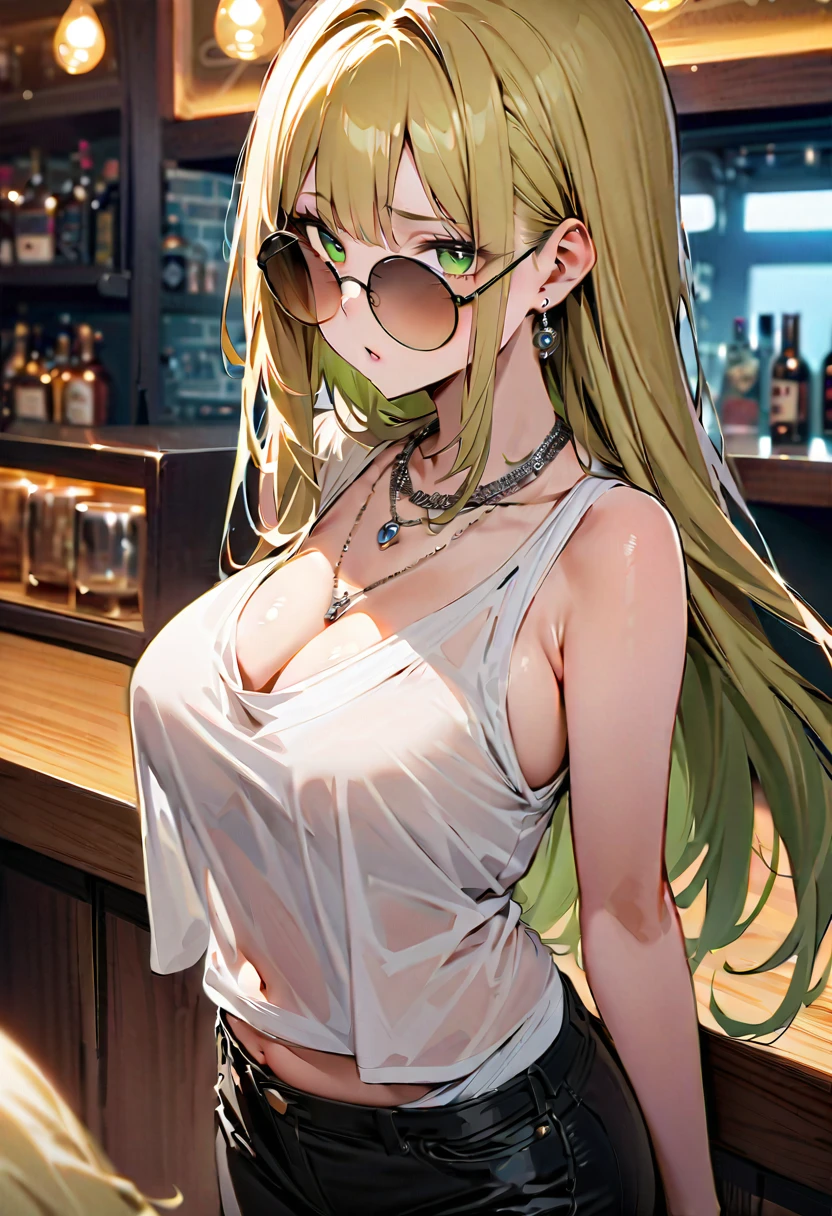 (masterpiece, Best Quality:1.2), 1 26-year-old woman ,  earrings for a woman alone、 golden hair ：0.6、 center separation、 straight long hair、 braided 、 pale green eyes、 round sunglasses 、 black sleeveless 、The chest is transparent、 Silver Necklaces 、 out of your belly button、White jersey、club、 bar counter、High image quality