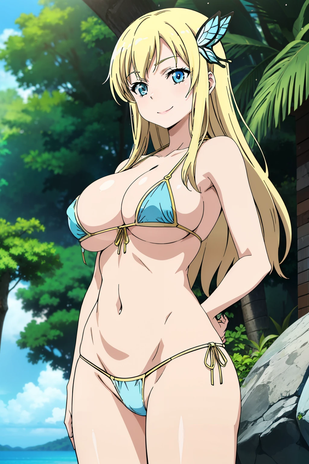 Seina Kashiwazaki,  1 girl ,masterpiece, Best Quality,  Hi-Res,  blonde long hair , (Butterfly Hair Ornament), (Big Breasts), smile, light blue micro bikini, cowboy shot, The background is a tropical resort , my whole body is wet、Realistic, photoRealistic,Exquisite lighting, super low angle , Dynamite Body ,