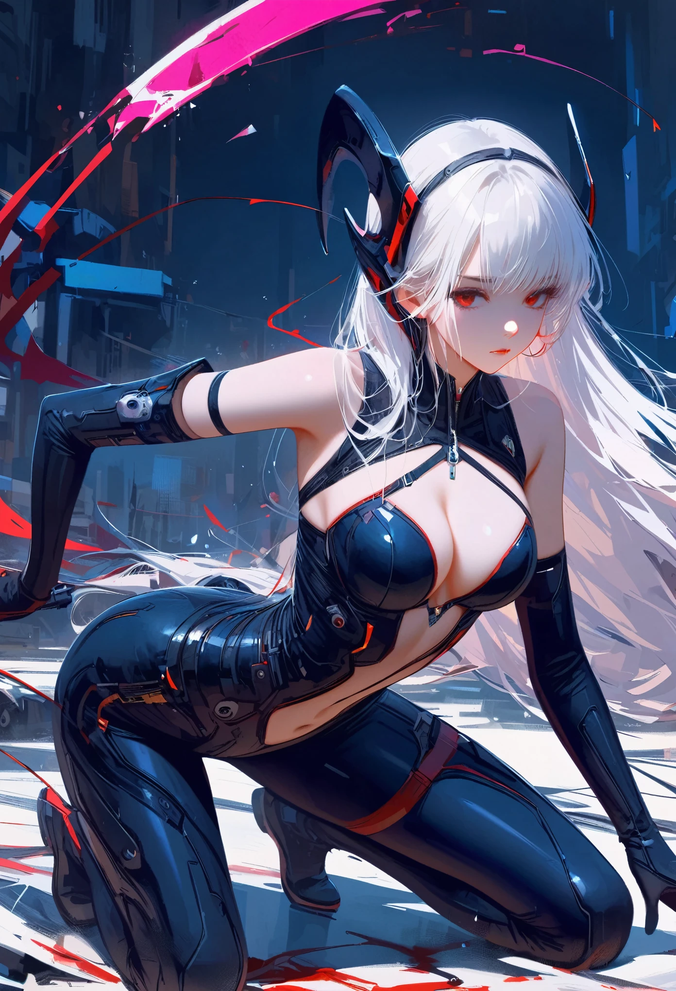 masterpiece ，  is the best quality， 8K， Digitally painting  ， 1 girl at home，  alone ， Stand up， youth， White hair， 长White hair， Headdress， Red Eyes， Round pupil，  her expressionless face  ， Bloodstained， Mechanical parts， electric wire， cable， Failure Effect， Shocking，  Science Fiction  ， Futuristic， The background is very dark ， neon，  Cyberpunk Characters  ，  Surrealism ， Weird， disturb， crawl ， Shocking，  Bodysuit  ，Red Eyes，venom，Blackened，Long Black Gloves  ，  Bodysuit  ， tight latex leggings，  emphasizes her graceful figure,Wrap the whole body，Symbiote，（（ Sexy highlights ）），  Bodysuit  ，Red Eyes，venom，Blackened，Long Black Gloves  ，  Bodysuit  ， Black latex costume ，Blood-Red Eyes，  is the best quality,  high resolution  ,  super detailed , Vivid texture, mask, tight latex leggings,  bangs,  purple hair,  blue eyes
