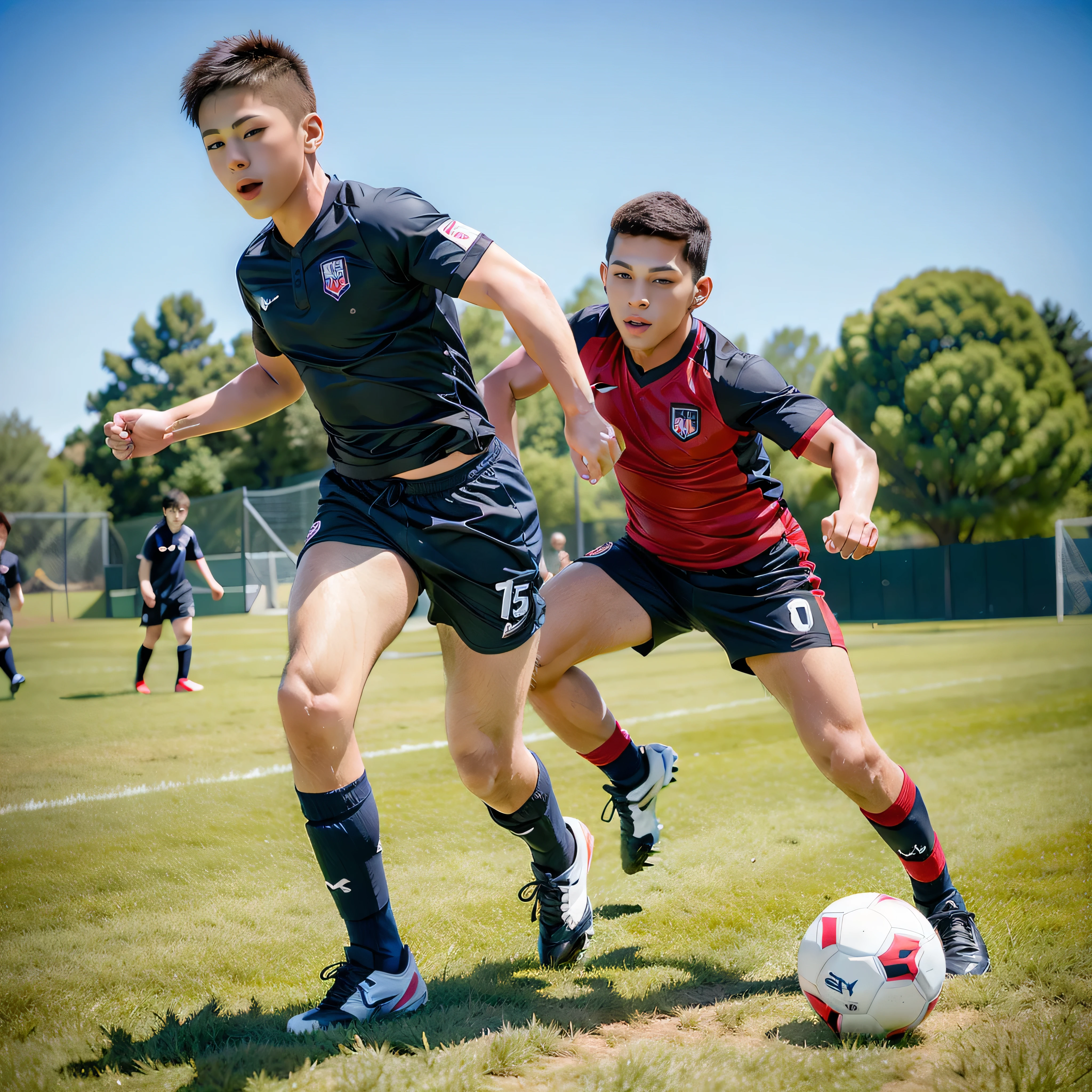 Create an image of a 14 year old boy playing football