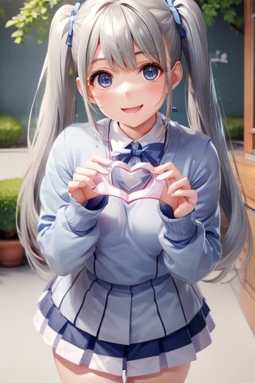 Gray Hair、Blue and white eyes、 twin tails、Light Blue Sweater(uniform)、cute、 girl、smile、Making a heart with hands