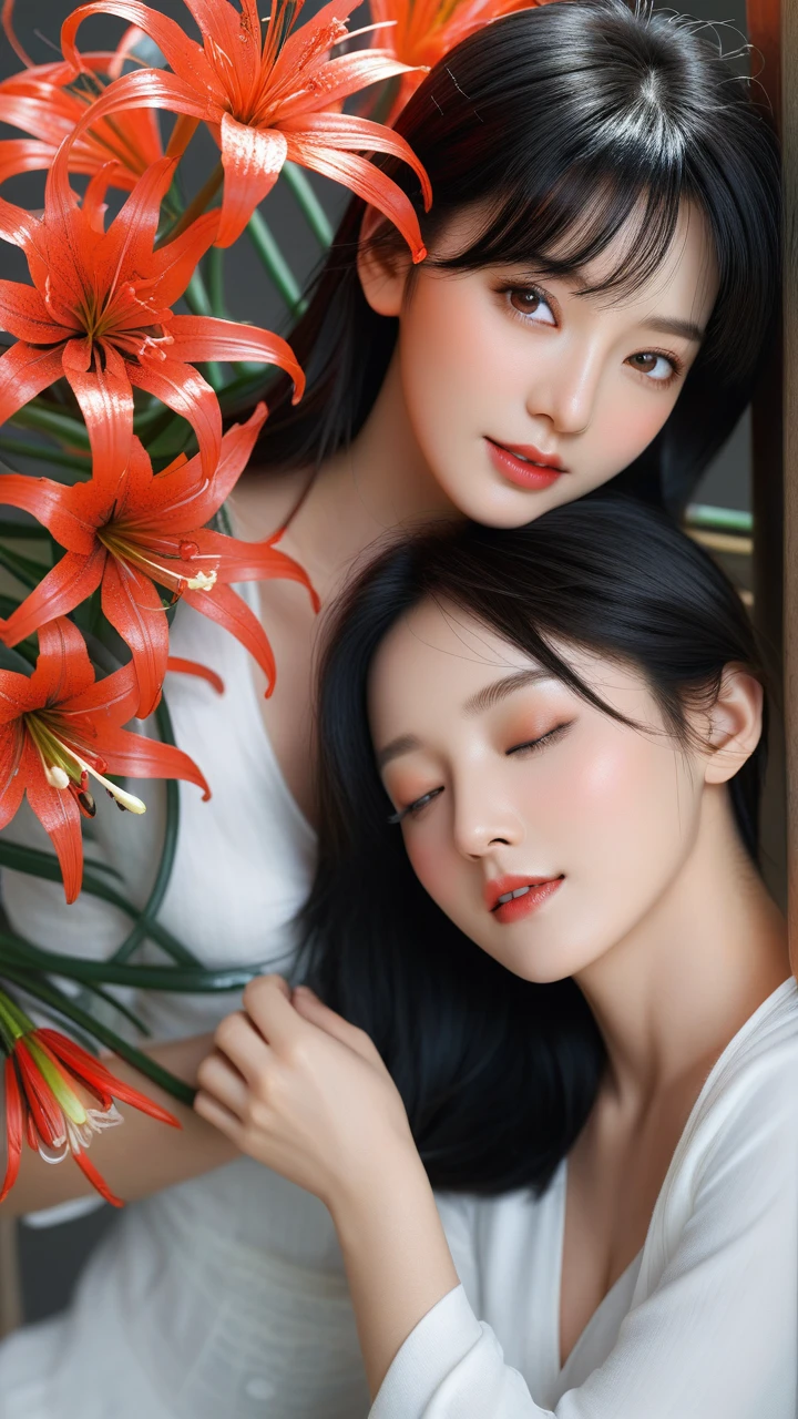 ( highest resolution、 clear_image)top-quality、woman、​masterpiece、 several people having fun with each other while having very detailed 、Semi-realistic、Black Hair、Dark hair 、Grey Eyes、Bans、Age 25、Mature、young、Delicate appearance、Facial Features, close your eyes , Red spider lily