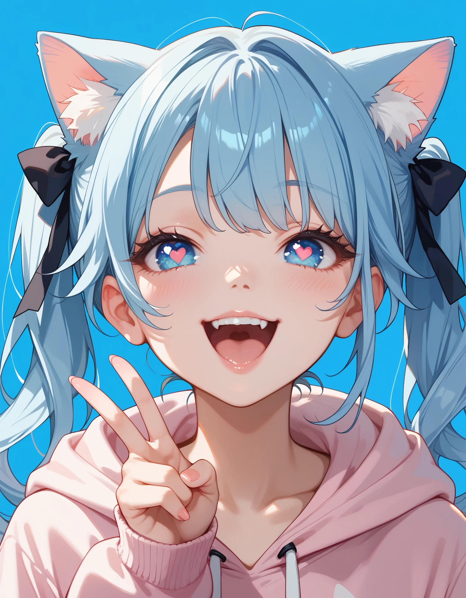 score_9, score_8_up, score_7_up, 1girl, cat girl, cat ears, animal ears, long hair, twintails, light blue hair, blue eyes, hoodie, v sign, heart-shaped pupils, open mouth, happy, smile, close up, simple background, blue background