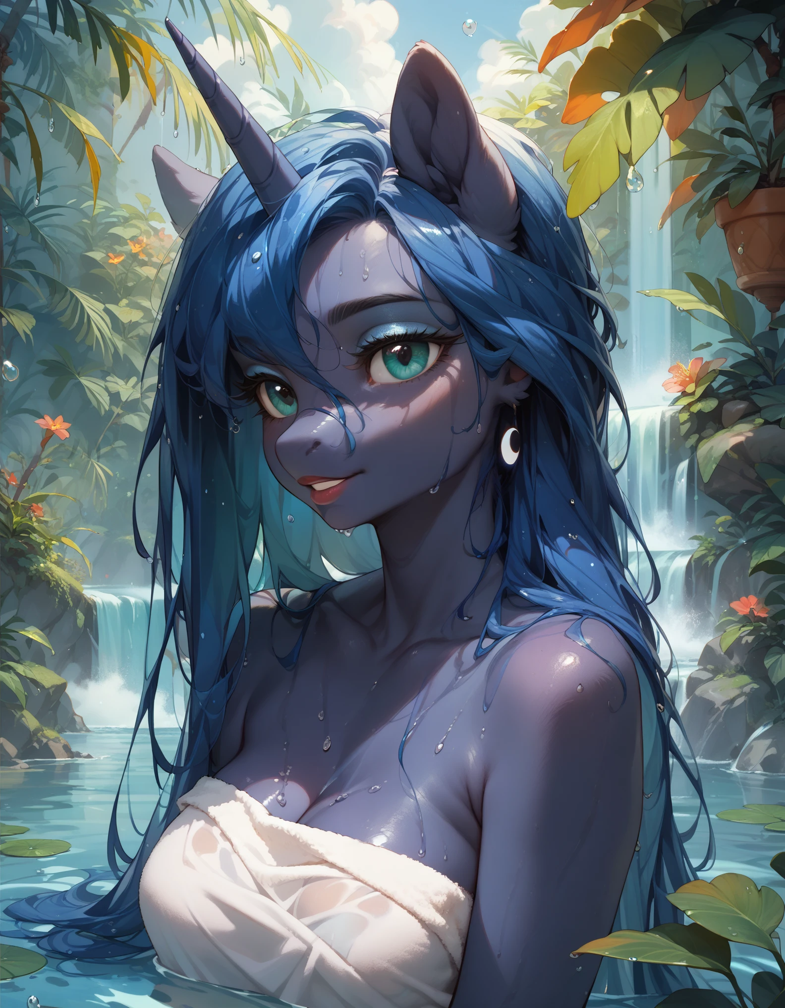 (score_9, score_8_up, score_7_up:2), rating_safe, (anthro pony princess luna, wet mane, water flowing over face, droplets on skin:1.2), portrait, blue skin, blue mane, medium breasts, hot, tropical, pond in summer rain, faint smile, naked towel, zPDXL2, fixl-art