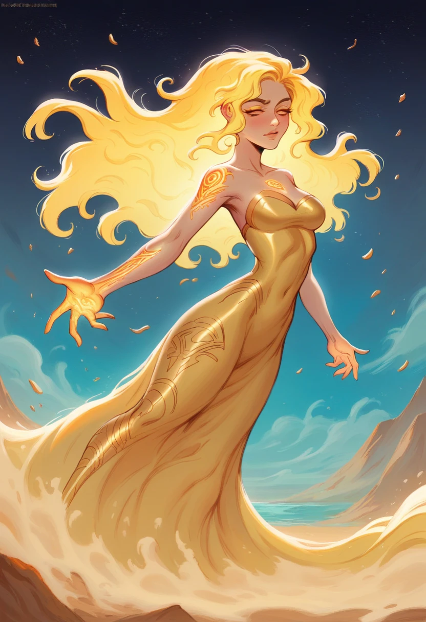 ( A beautiful movie-style decorative goddess of sand,  gold dress , Glowing Gold Tattoo), (Galactic Shaman Fantasy with quantum energy ), Fantasy Magic, Long hair, Dark night,  Intricate , ethereal,  clearly focuses , illustration,  Very detailed,  digital painting ,  conceptual art , Matte, (Artworks by wlop), (author：Justin Gerard (Justin Gerard) and Jason Edmiston (Jason Edmiston): 1.5), (由 Greg Rutkowski: 0.4), ( with beautiful proportions : 0.4), masterpiece