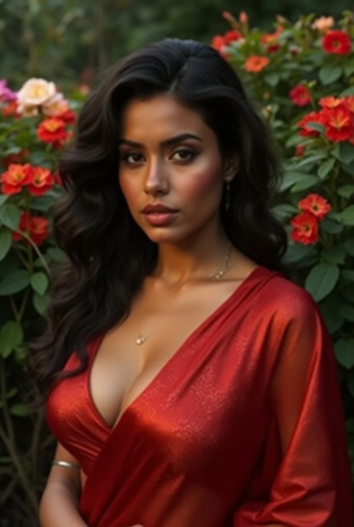 beautiful and hot woman, 33 year old Hispanic-American girl, long dark black hair, silky and blown by the wind, green eyes, light red floral dress, marked on the body, light curves, perfect, cute, perfect face, makeup, seductive, lascivious, lascivious