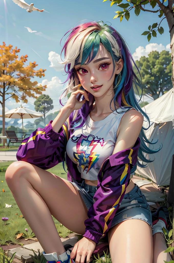 mlpdash, colored skin, blue skin, rainbow hair, purple eyes, blue cropped jacket, white shirt with rainbow design, pink stripped skirt,  looking at viewer, smug, happy,
sitting, on grass, from_above, outside, park, trees, change season, summer to fall, overcast, extreme detail, hdr, realistic quality, 