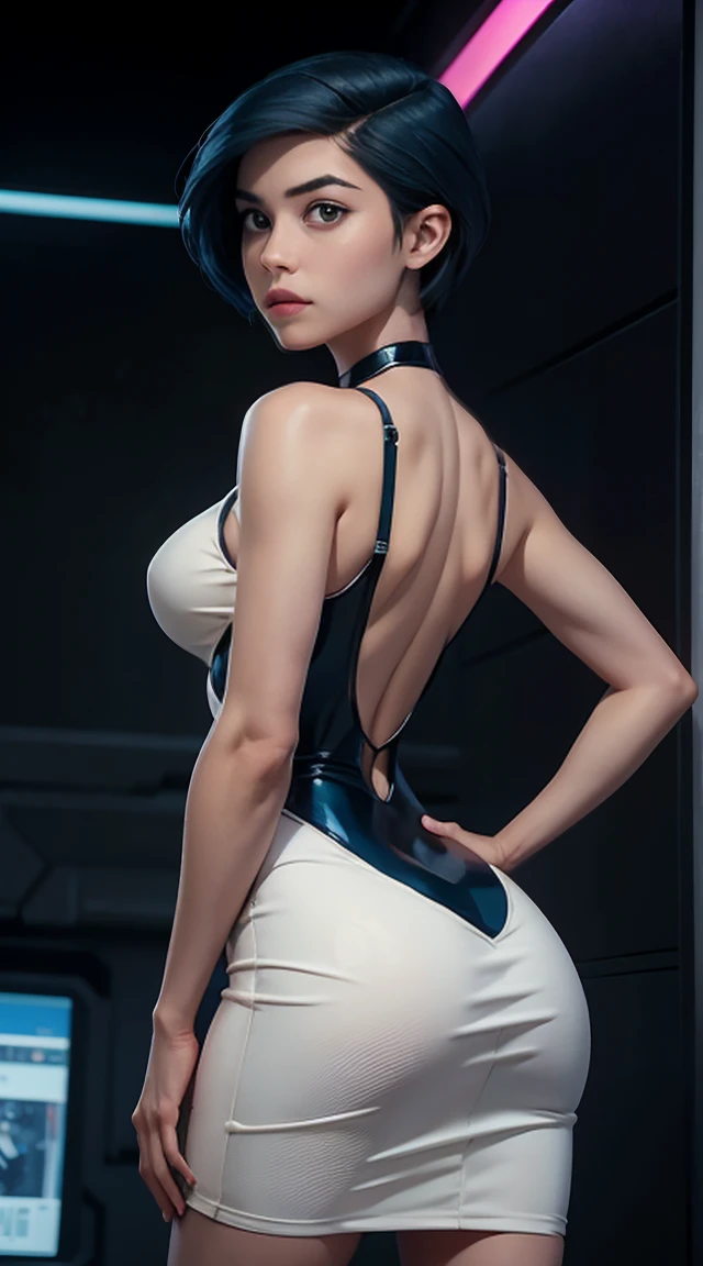  back view , big butt, perfect chest, beautiful, sexy, delgado, beautiful,  highly detailed ,  deep focused image ,  realistic full body photo, a close up of a person wearing a dress and blue hair .,  seductive anime girl , woman with short blue hair ,  extremely detailed art by artgerm, beautiful and captivating anime woman,  tracer in a tight dress with a tight short dress, , Motoko Kusanagi, Rudo type pose, artgerm style, Oppai cyberpunk