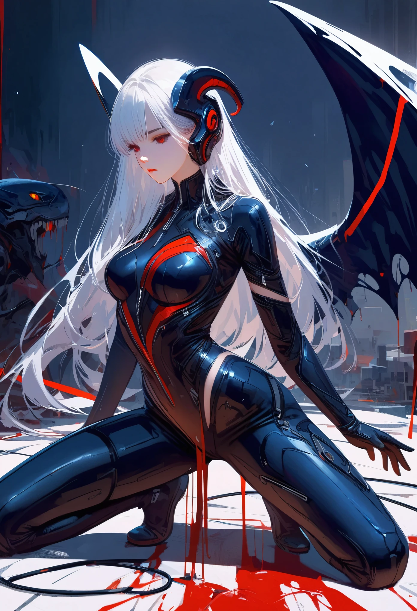 masterpiece， best quality， 8K， number， 1 girl， alone， stand up， youth， white hair， long white hair， hair accessories， Red eyes， round pupils， Emotionless expression， Bloodstained mechanical parts， electric wire， cable， failure effect， scary， Science fiction， futuristic， The background is darker inside， neon lights， cyberpunk characters， surreal， Strange， Disturbing， spine-chilling， scary， One-piece Pants，Red eyes，Venom Possession，blackened，Long black gloves，Rompers，Tight latex jumpsuit，Highlight her graceful figure,将整个身体包裹stand up，symbiont，（（Raised sexy）），One-piece Pants，Red eyes，Venom Possession，blackened，Long black gloves，Rompers，Black latex clothing，Blood-Red eyes，best quality, High resolution, super detailed, Vivid texture, mask, Tight latex jumpsuit, Bangs,purple hair, blue eyes