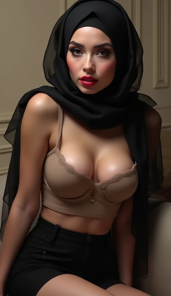 ((tmasterpiece, best qualtiy)),A highly detailed,8K,realistic focus,Complicated details,(((An Arab woman))),Mysterious and sexy,(((Veiled))),(((masked))),sit on chair,Wearing a black bra,Suspenders,high-heels,very pretty eyes,mesmerizing eyes,Luxurious interior background,The lighting is dim,Dark light,Low light,gloom,(((little breast:1.5))),tit,Open your clothes,revealing breasts,See the breasts,See the nipple,teat,Normal body proportions,Normal face,Normal hands,frontage,fully body photo,tall image,Look from the bottom up,look from down,a sultry,seductive lady,seductive and powerful,Sensual,seductive seated pose, spellbinding,spellbinding,sensuality,elegant seducing pose,boudoir photography,glamour photography,stunning appealing figure,with a seductive smile,Very seductive pose,gorgeous figure,elegant seducing pose,Dramatic seductive pose