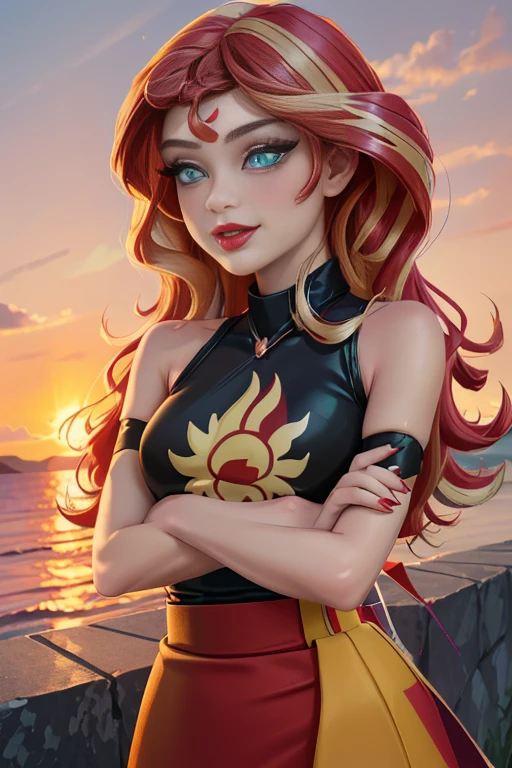 Flor de manzano, Solo, cabello rojo, pelo largo, ojos naranjas, pecas, adorable, Sonrisa, mirando al espectador, obra maestra, Mejor calidad, alta calidad , mlp , Sunset Shimmer
