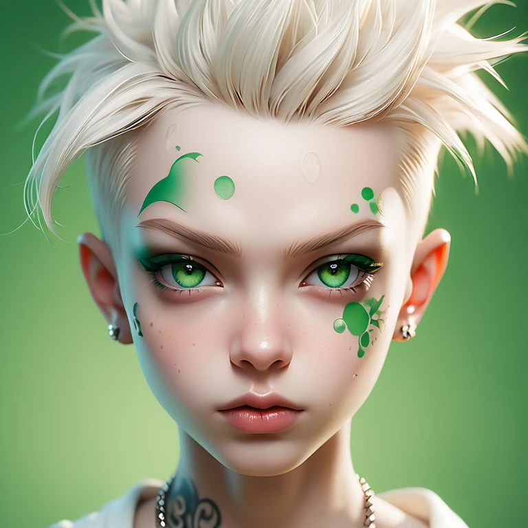 
 Portrait of a cute Russian boy in the style of Alberto Seveso , best quality, Super detailed,   Photorealistic  , white colors, albino, punk boy , school heartthrob !  detailed eyes,  upper body, Luxurious Punk Hair, Avant-garde punk fashion, Avant-garde makeup,   several piercings  ,  Gold jewelry ,Heavily tattooed body, 3D Colored Tattoos, Abstract background,  backlight  effect,  shallow depth of field , green background" meticulous,  analog style , emphasis on the eyes,  top quality,  very detailed  skin,  photos of a very beautiful Russian punk , perfectly cute face , skin pores,  penetration  , green background, hips ,  clear focus , grainy lighting,  backlight  ,high film grain, сфотографирован камерой Sony A7R IV, 18мм F/1.7 cinema lenses,  very detailed , detailed finish , 8 thousand., HDR, front view,  upper body .