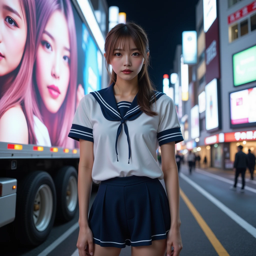 Perfect composition, Proper placement, Golden Ratio, masterpiece, Best Quality, Front View:1.331,  A beautiful Japanese woman is standing ,  cowboy shot,  SHE'S A FAMOUS SUPERMODEL, campaign girl,  Japanese high school sailor suit  :1.21, Short sleeve clothing, White short-sleeved sailor uniform :1.21, sera fuku:1.21, Red ribbon on uniform,  navy miniskirt , I can see her belly button , Brown Hair,  pixie cut hair :1.21, A large design truck is parked in the back ,  A portrait of herself is painted on a large truck,  Her own portrait is a campaign ad,  My original girlfriend is standing with her back to the truck,  sun rays  , Harajuku, Tokyo:1.331,  Cyberpunk City :1.331, intersection,  anatomically correct proportions,  small head ,  global lighting ,  Expression of Absolute Beauty  , Absolute Self-Love  ,