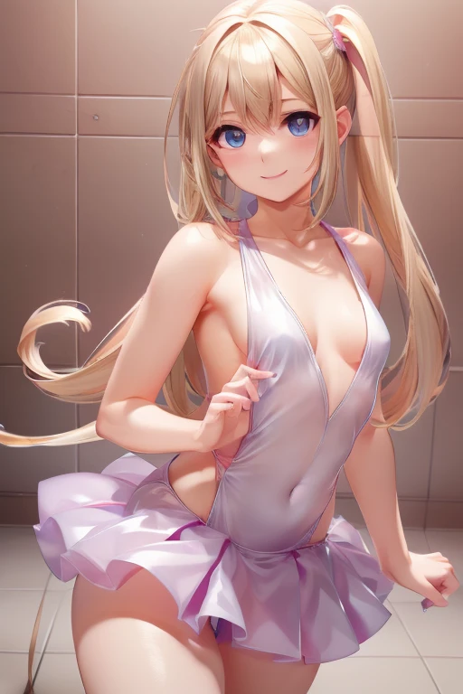 shower、,smile、blonde、 Combat Uniforms、 silver hair、Long Hair、Combat at sea、 elementary school students、 my back is very small 、****FACING、 small breasts、Please show me the armpits、exterior: ************、Shoulder Bare、 can see her collarbone 、 sexy thighs、 beautiful legs with tails、Usual hairstyle、Best Quality,  Hi-Res,  Unity 8K Wallpaper , (shape:0.8), ( BEAUTIFUL BEAUTIFUL EYES :1.6),   highly detailed face holding 1  ,  full light,  extremely detailed CG, (Perfect hands, perfect anatomy),