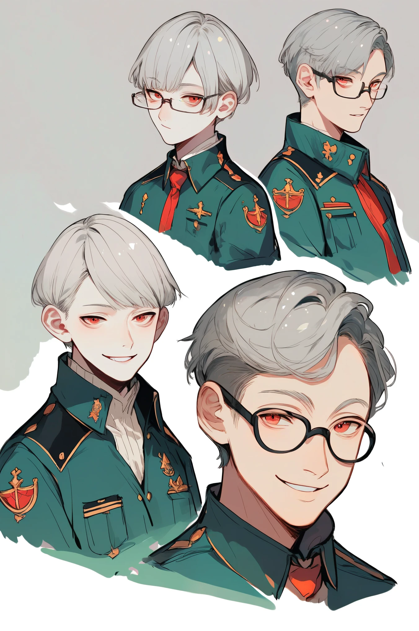 ((best quality, masterpiece, absurbres)) 1boy, older man, ((mature male)), silver fox, gray hair, silver hair, short hair, crew cut, 1940s, military uniform, scientist, glasses, 1930s, red eyes, albino, smug expression, arrogant, (((evil smile)), reference sheet, (full body, from side, front:1.1), upper body, cartoon,, toothy grin, looking down at viewer, wrinkled, insane smile, yandere, bloody, anime style