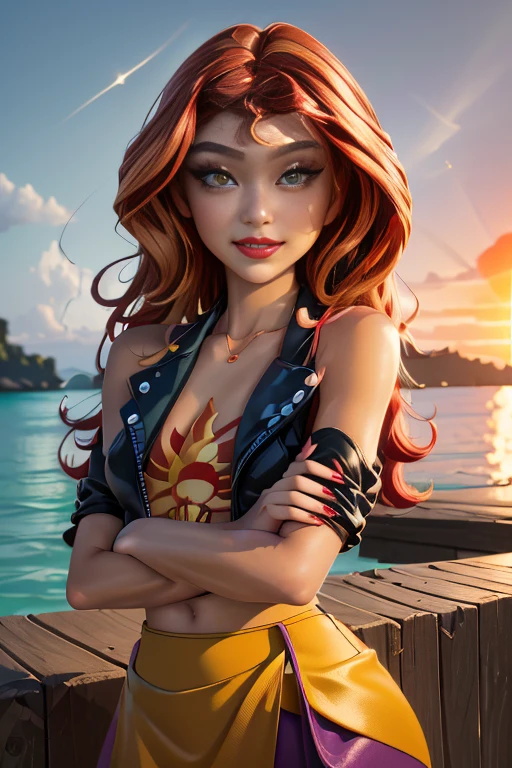 (masterpiece, The best quality:1.2), only, 1girl, mlpshimmer, Nice smile , make-up , Red lips , looking at the viewer, Crossed arms, small black jacket , Orange T-shirt , purple skirt , sunset shimmer , 21 years , beautiful teenage girl , Teenage model , turquoise eyes , Varied background, Full body photo 