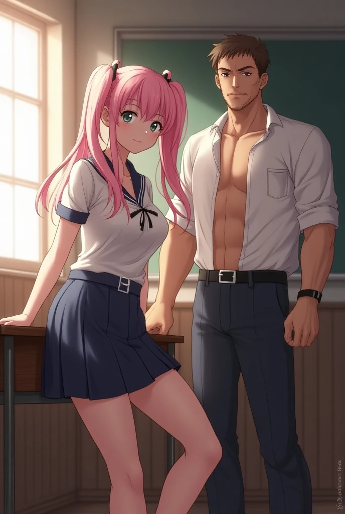 1boy, 1girl, abs, (ass grab), ((full naked)), blush, breasts, doggystyle,  hetero, , table, sex, indoors, lens flare, windows, smile, hanging motion lines,curvy,nude,hanging breasts, miyako shikimori, long hair, blue eyes, hair between eyes, pink hair,
