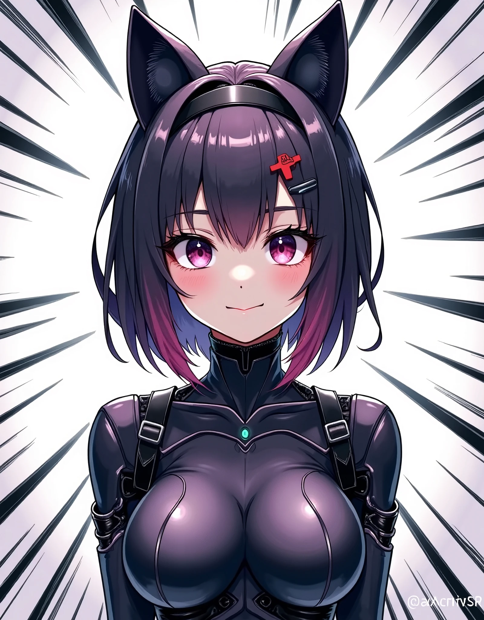 (masterpiece,   Best Illustration  ,Super detailed),(  android woman),(Front:2.0),( cute),(  see here :2.0),(smile:2.0),(Chibi character:2.0),(  super sexy  ),(Black communication antenna and 、 cyberpunk mecha style headband that looks like cat ears:2.0),( The background is abstract cyberspace  :2.0),(  Minimalist  :2.0),(  Simple Design  :2.0),(  vector art drawn with rays :2.0),(whole body:2.0)