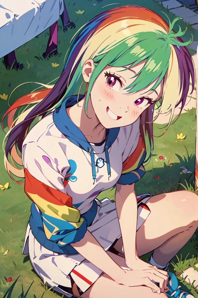 mlpdash, colored skin, blue skin, rainbow hair, purple eyes, blue cropped jacket, white shirt with rainbow design, pink stripped skirt,  looking at viewer, smug, happy,
sitting, on grass, from_above, outside, park, trees, change season, summer to fall, overcast, extreme detail, hdr, realistic quality, 