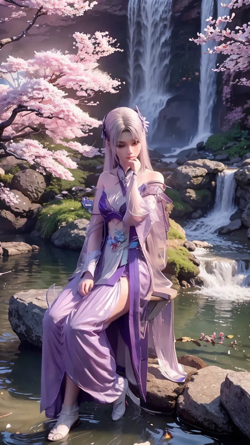 1girl, Solo, High Resolution, 8K Octane, sitting on table, behind waterfall, Behind Sakura tree