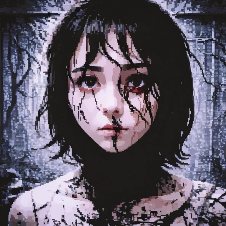  [PixElated Anime Girl, in a terrible style of manga; The state of anxious immobility, the mood of the dark riddle and subcultural anxiety], [Pixel Art, Manga Style, Horror], [Revolution of pixel art 128x128, with bright white moments; The background of the dark forest or the black -white interior of the building with the effects of driving, suggesting decay; scars on the face, blood on the body; Focus on alarming details, such as eyes and distorted mouths; Drainage images are thinly included in the background or clothes.]