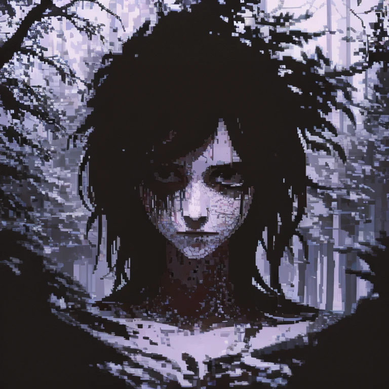  [PixElated Anime Girl, in a terrible style of manga; The state of anxious immobility, the mood of the dark riddle and subcultural anxiety], [Pixel Art, Manga Style, Horror], [Revolution of pixel art 128x128, with bright white moments; The background of the dark forest or the black -white interior of the building with the effects of driving, suggesting decay; scars on the face, blood on the body; Focus on alarming details, such as eyes and distorted mouths; Drainage images are thinly included in the background or clothes.]