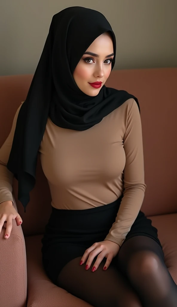 RAW, Best quality, high resolution, masterpiece: 1.3), beautiful Malay woman on hijab (iu:0.8),((big breast)), perfect nose,perfect lips, perfect eyes, detail :1.2),woman in black sweater and long gray skirt, dark blue tight leather outfit, wearing elegant clothes, long gray skirt, long pencil skirt, office wear, business wear, elegant girl in urban wear, gunmetal gray, outfit business, transparent gray skirt, dark gray, wearing simple tight-fitting clothes, wearing casual clothes (looking at the audience, facial details, double eyelids, smiling)